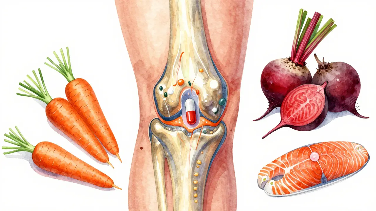 Křížový řez kolenního kloubu s obnovou chrupavky, okolo něj potraviny bohaté na protizánětlivé látky.