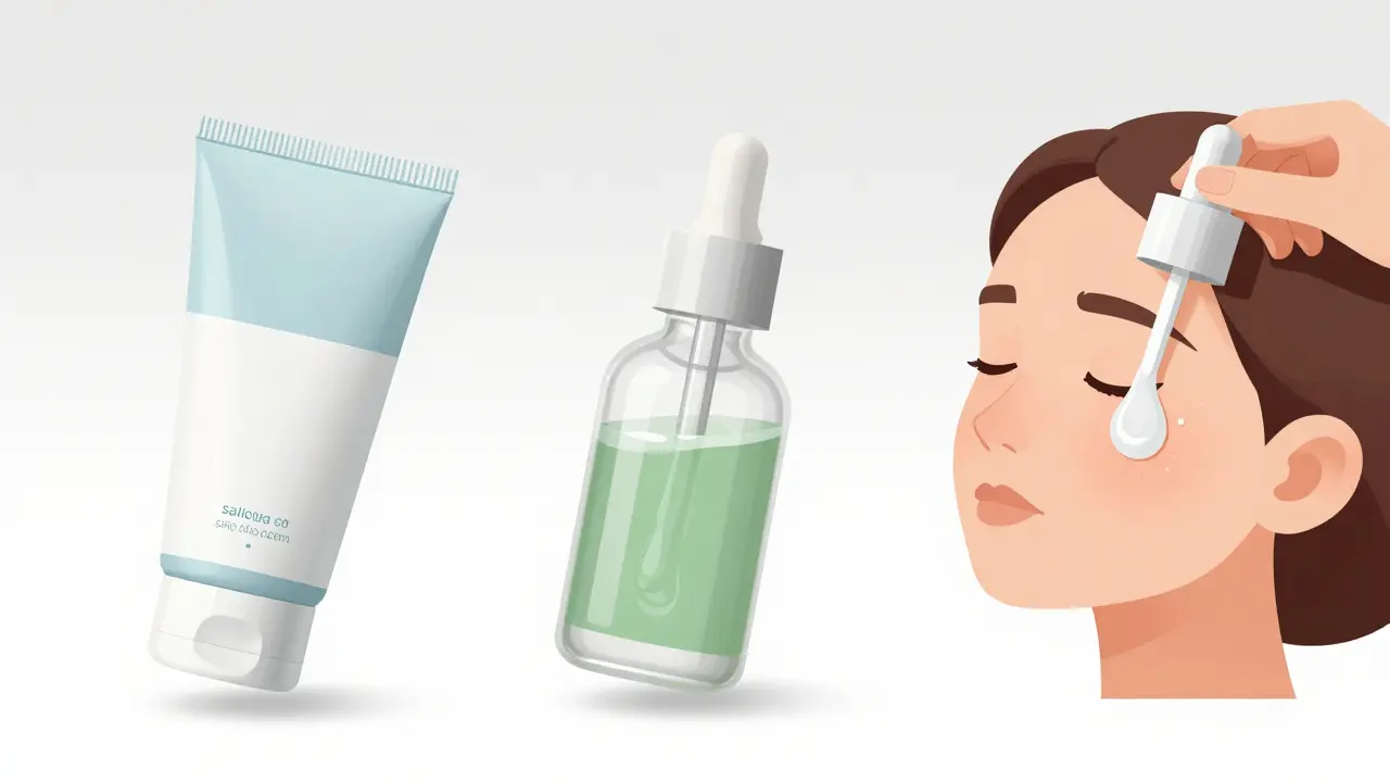 Krok za krokem péče o pory: čištění, exfoliace a niacinamid v elegantním, vědeckém zobrazení.