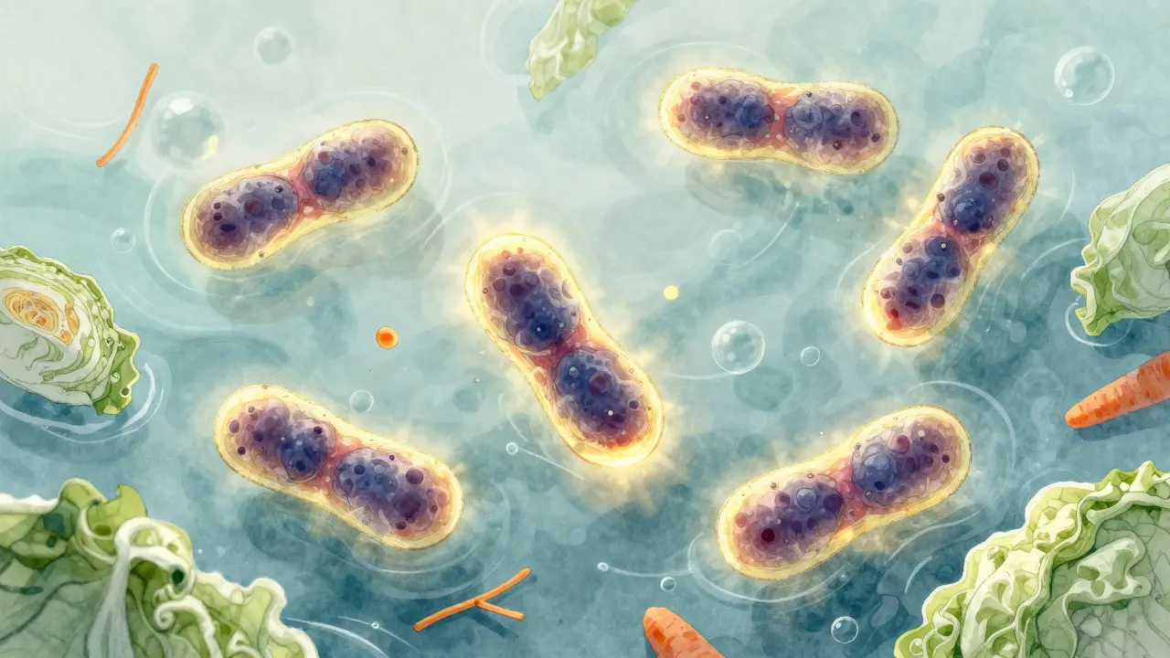 Microbiologický obraz laktobacilů v kvasné šťávě s kousky zeleniny, symbolizující přirozenou fermentaci.