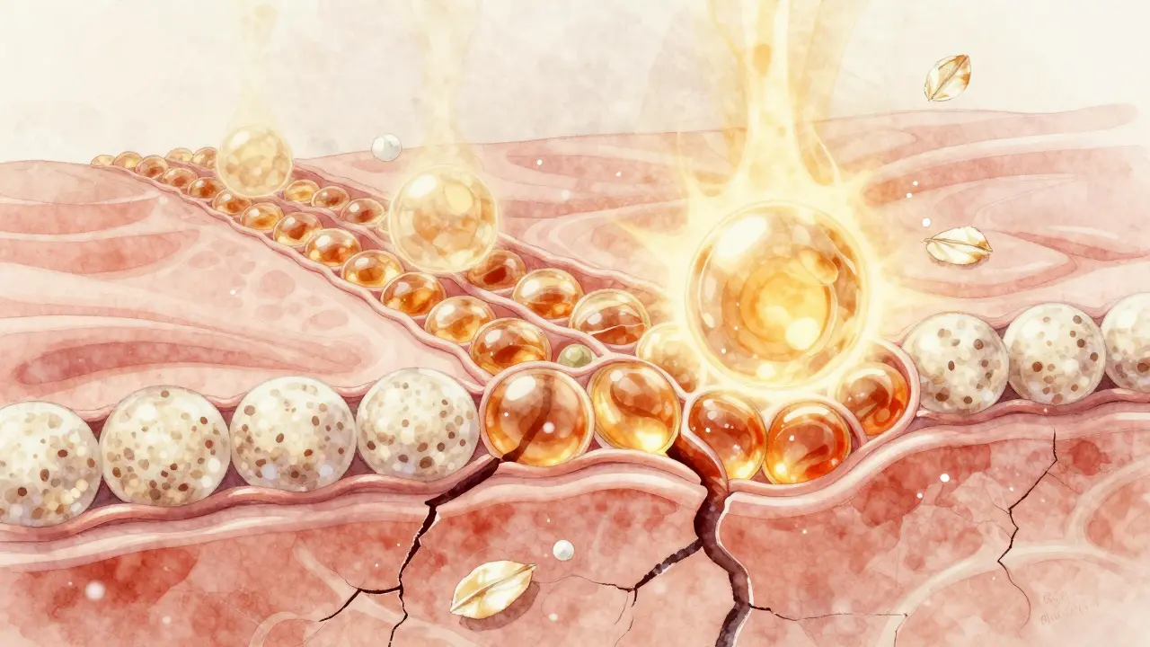 Mikroskopický pohled na obnovu kůžní bariéry ceramidy a koleoidní oveskou jako ochranné vrstvy.