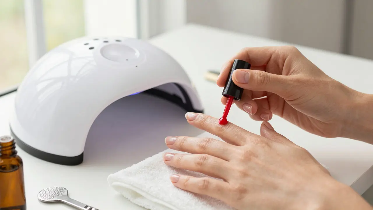 Moderní manikúra s červeným lakem a hydratačním olejem, ukazující rovnováhu mezi estetikou a péčí o nehty.