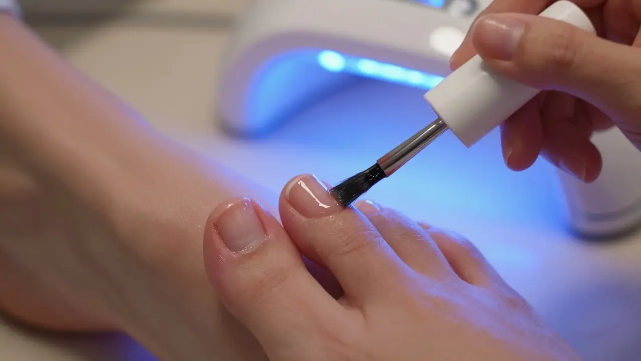 Noha s aplikací podkladového laku na nehty, UV lampa na pozadí.
