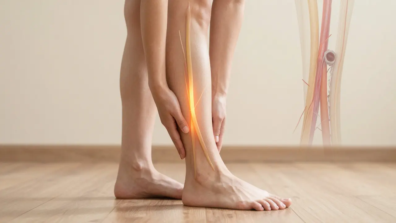 Osoba dělá stahování, pod kůží se jasně vidí zdravé šlachy, zatímco poškozené šlachy jsou v pozadí.