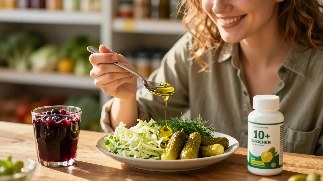 Osoba jí sálát s kysanou zelí a kvasenými okurky při slunečném světle.