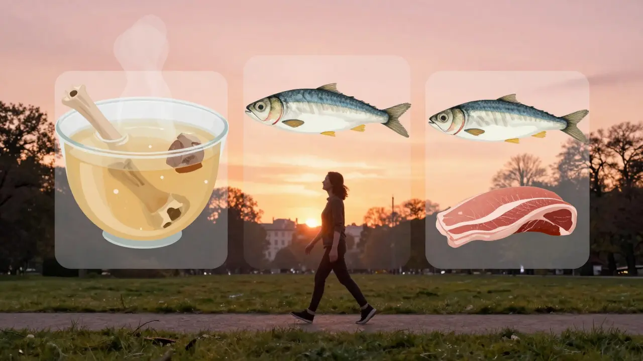 Osoba šířící se v parku s představou kolagenu z potravin v pozadí