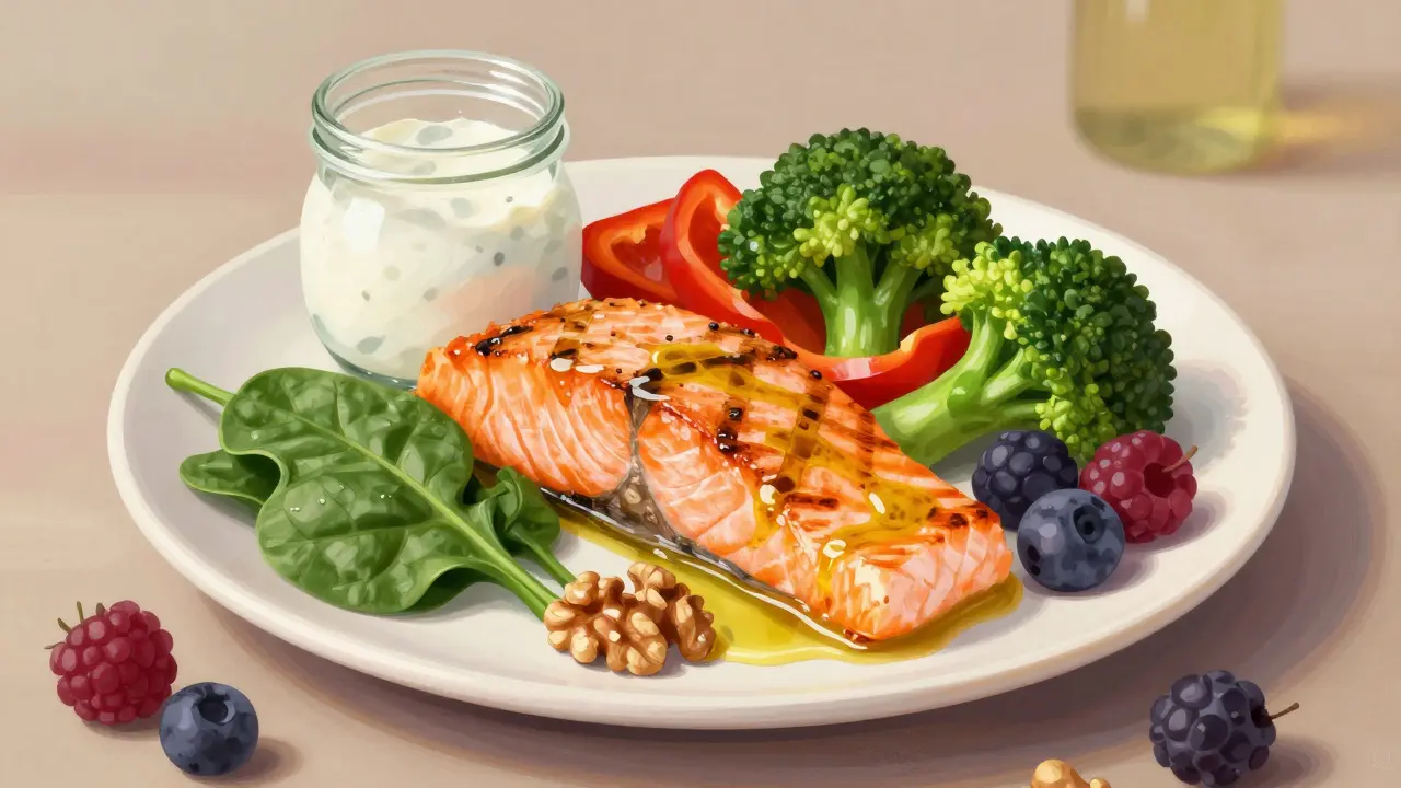 Ovoce, zelenina, losos a vlašské oříšky na talíři jako potraviny pro zdravé klouby.