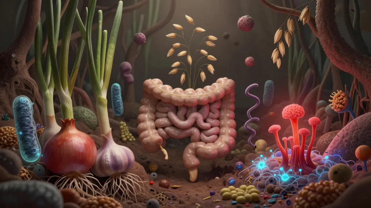 Podobizně střevní flóry jako zahrady s přirozenými bakteriemi a prebiotiky.