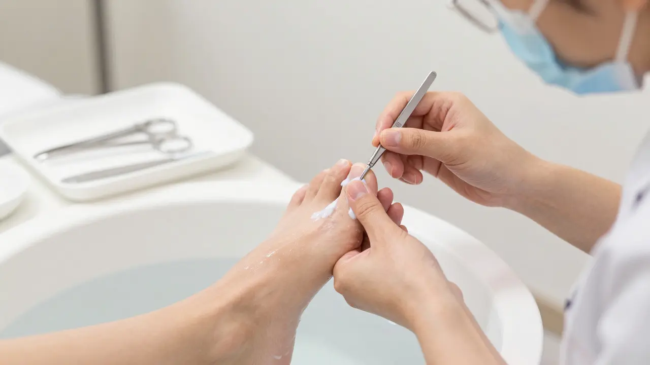 Profesionální pedikúra v salónu: kozmetička opatrně pilníkující nehet s sterilními nástroji.