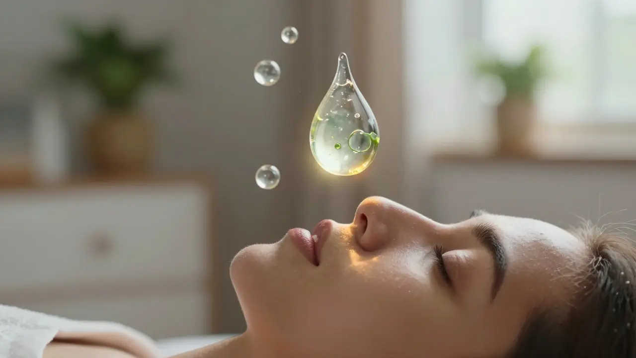 Průhledná kapka gelu aloe vera hydratuje kůži s mikroskopickými látkami.