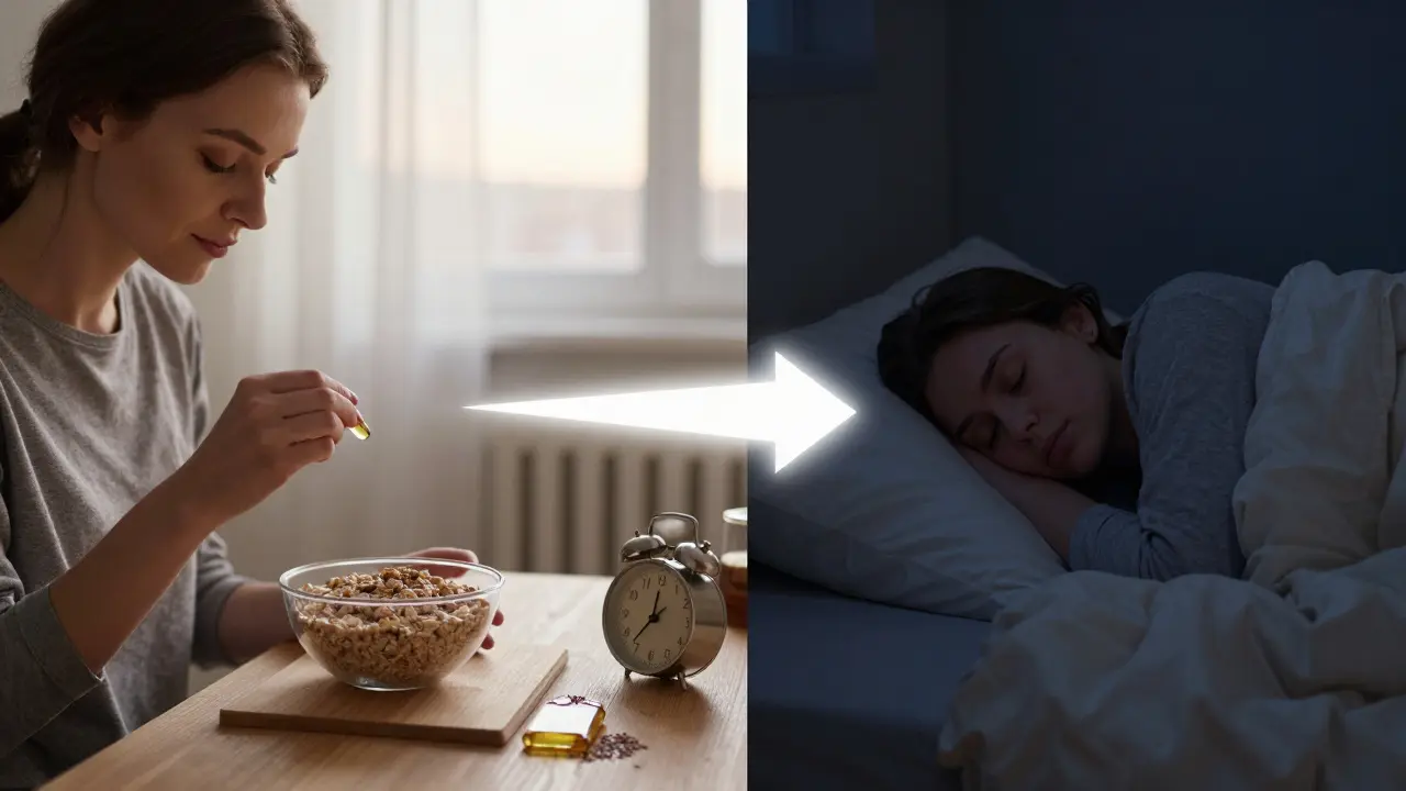 Rozdělený obraz dne: ráno užívání vitamínu D a večer hluboký spánek v českém bytě.