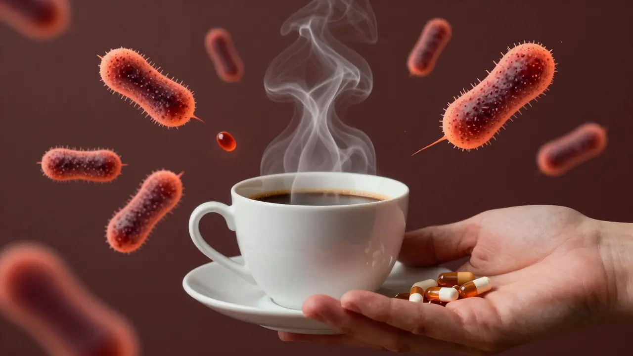 Ruka drží probiotika a horkou kávu, teplota ničí živé bakterie.