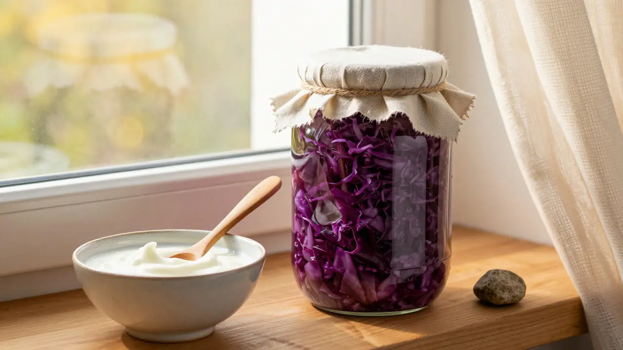 Skleněná nádoba s kysaným zelím a jogurtem na výchozí místo s krytou látkou a přírodním osvětlením.