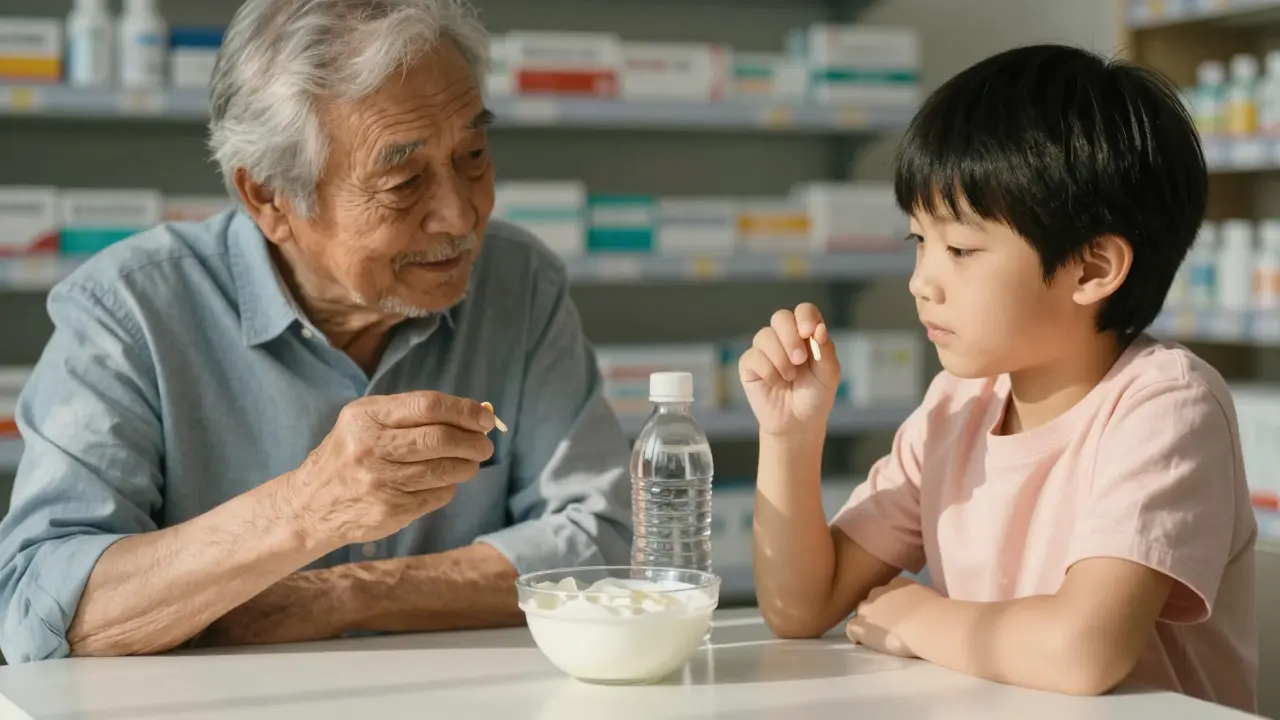 Starší osoba a dítě spolu drží probiotika, na pozadí lékárnické výrobky.