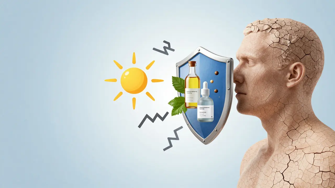 Stresovaná silueta s poškozenou kůží, kterou obnovují přírodní látky jako naftalénový olej a probiotika.