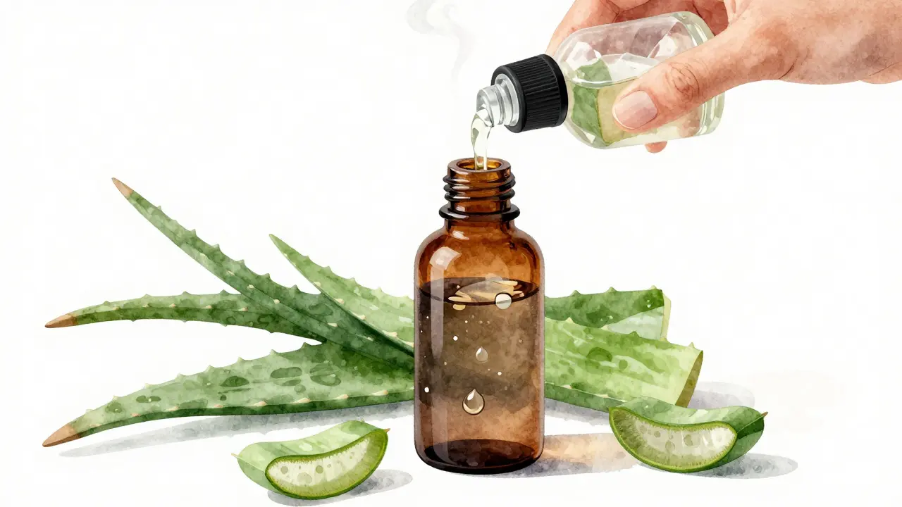 Tmavá lahvička s aloe vera vodou a kapkami kvasnicového oleje.