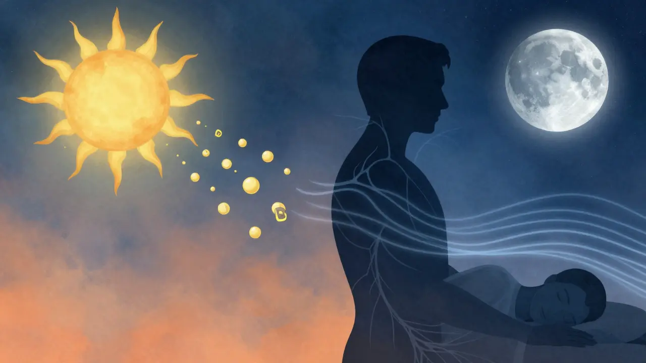 Umělecká reprezentace denního rytmu s vitamínem D a melatoninem v souvislosti se sluncem a měsícem.