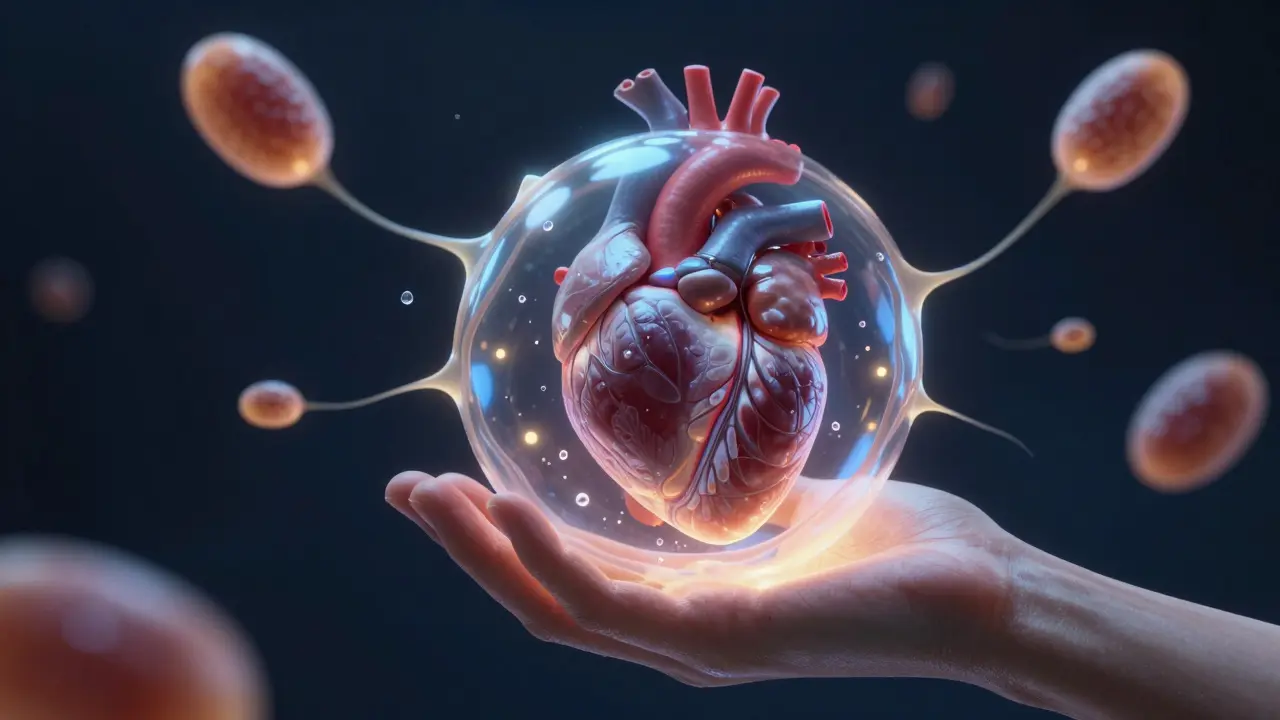 Vnitřní orgány a tkáně viditelné pod průhlednou kůží, osvětlené zlatým světlem.