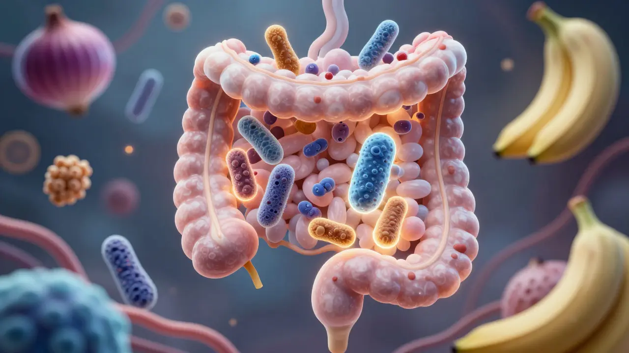 Vnitřní stavba střev s živými probiotickými bakteriemi a prebiotickými vlákninami v bioluminiscenčním prostředí.