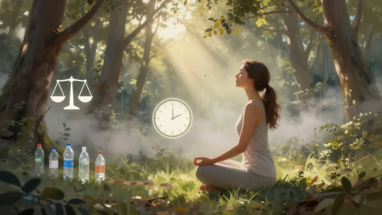 Žena meditující v lese při svitu rána, kolem ní symboly rovnováhy hormonů a přechodu od plastu ke sklu.