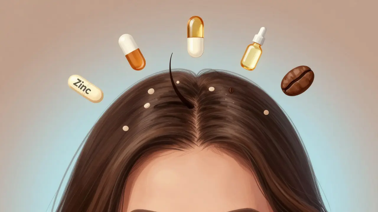 Zvětšený pohled na pokožku hlavy s porovnáním zdravých a oslabených vlasových folikulů, kolem nich živiny a kofein.