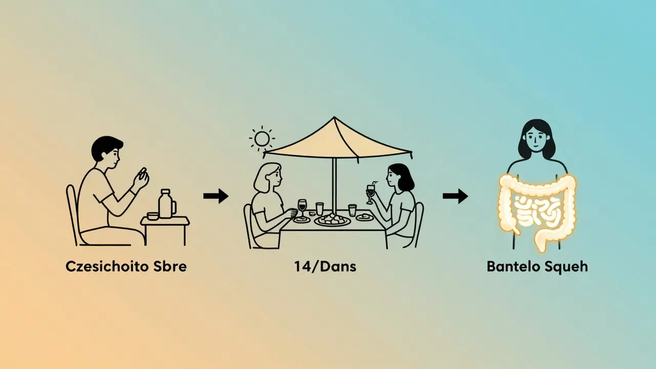 Časová osa ukazující přípravu, pobyt v Egyptě a návrat domů s důrazem na probiotika.