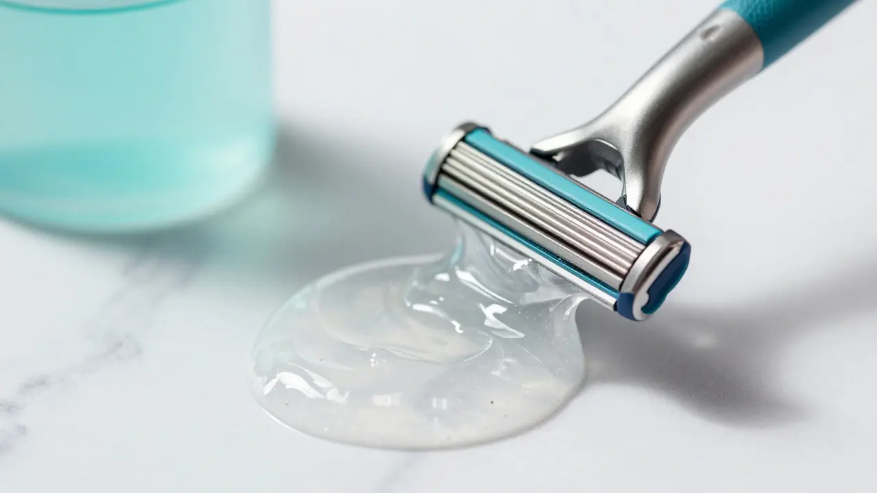 Čistý holicí strojček a gel připravené na proceduru