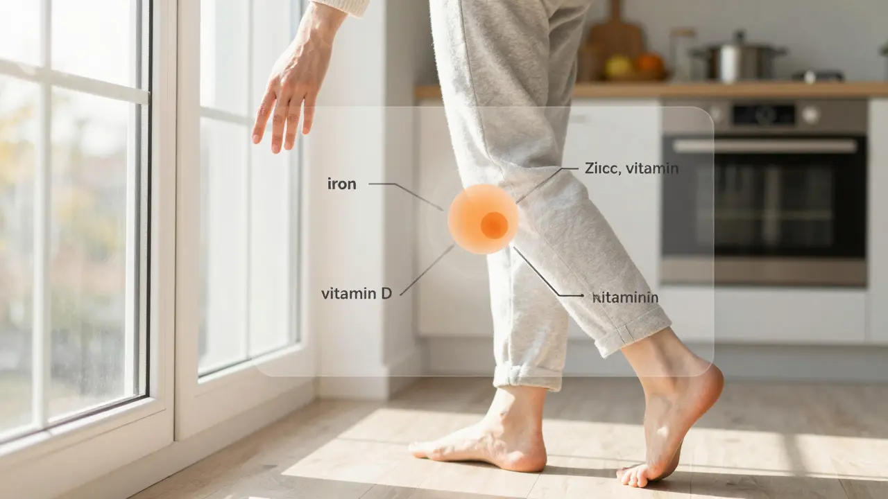 Člověk v ranním slunci s zdravými nehty, kolem něj transparentní znázornění doplňků výživy: železo, zinek, vitamín D.