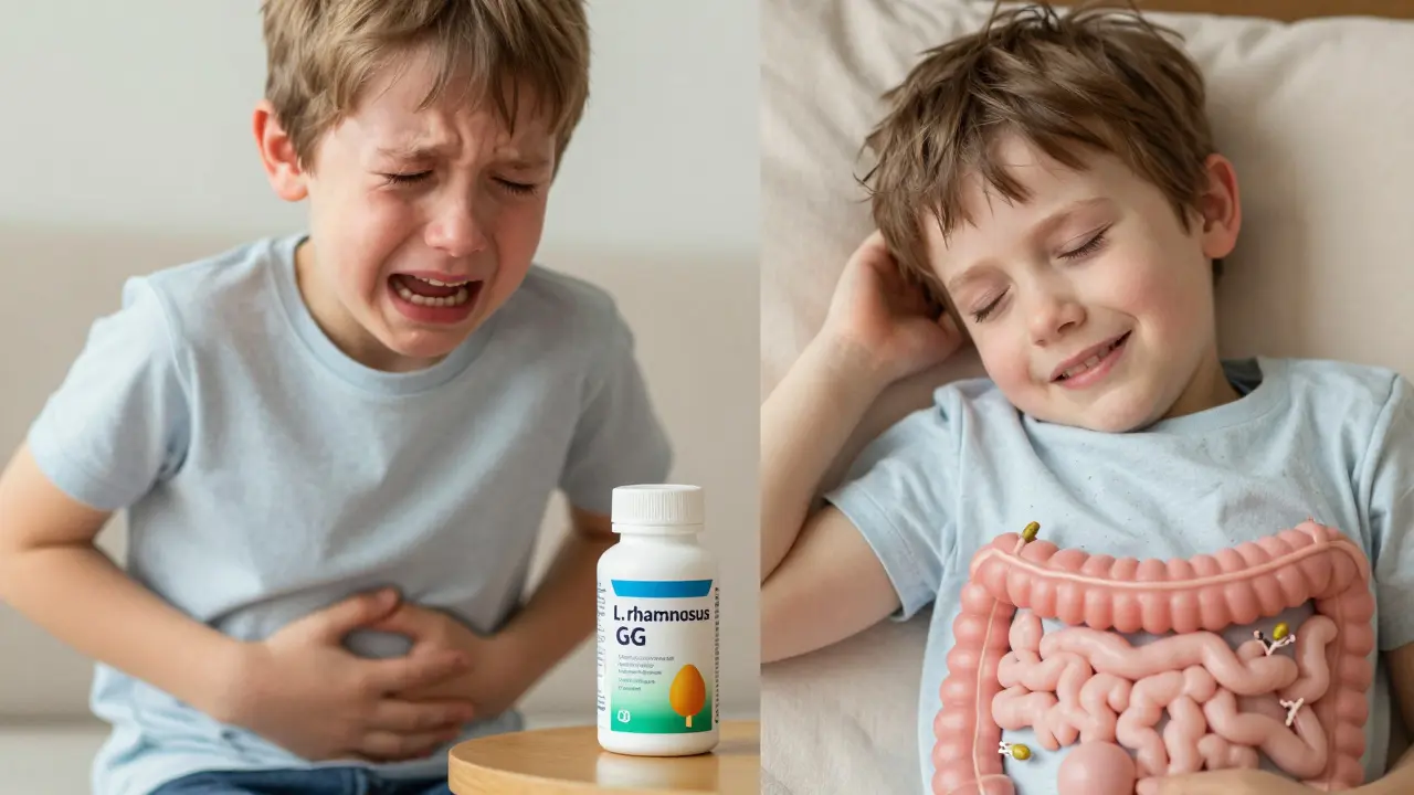 Dítě s bolestí břicha vlevo, stejné dítě spící a šťastné vpravo, s významným probiotikem na obalu.