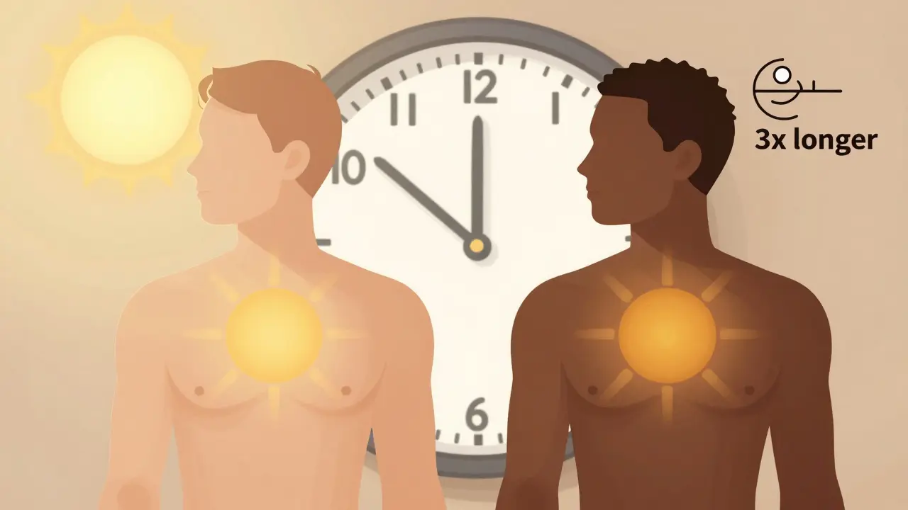 Dvě postavy s různou barvou pokožky pod stejným sluncem, s vizuálním zobrazením rozdílné doby expozice pro výrobu vitamínu D.