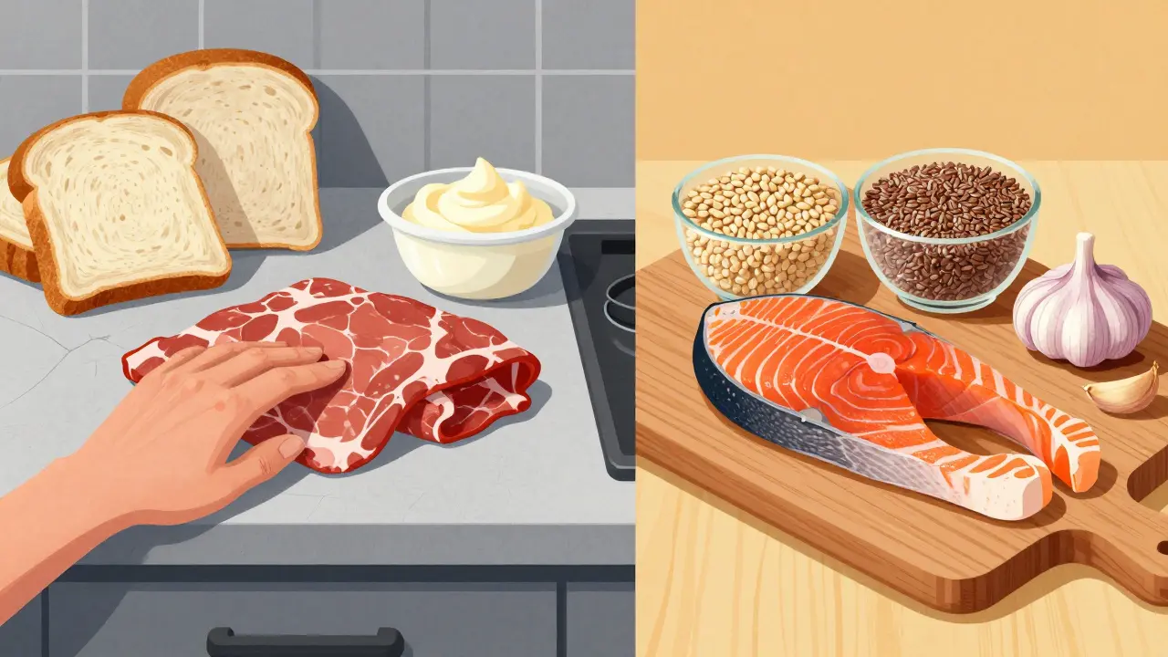 Dvě strany kuchyňské plochy: zpracované potraviny na jedné straně, celozrnné potraviny a ryby na druhé, znázorňující dopad stravy na klouby.