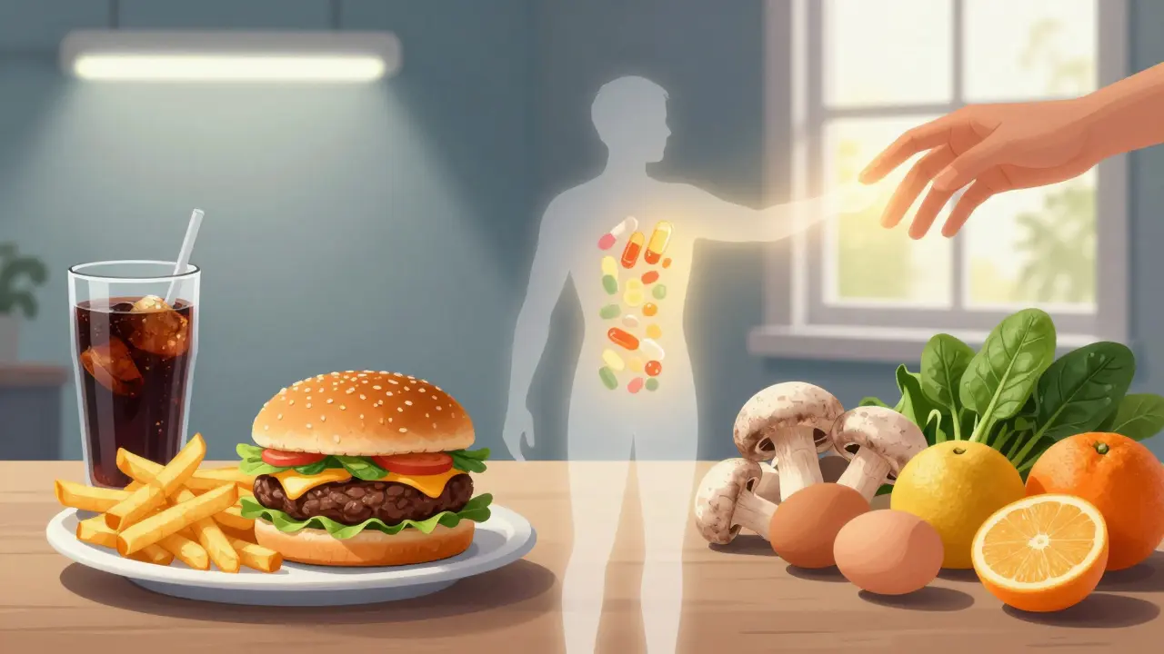 Dvě strany: zpracovaná jídla vs. čerstvé potraviny a slunce, symbolizující nedostatek a obnovu vitaminů.