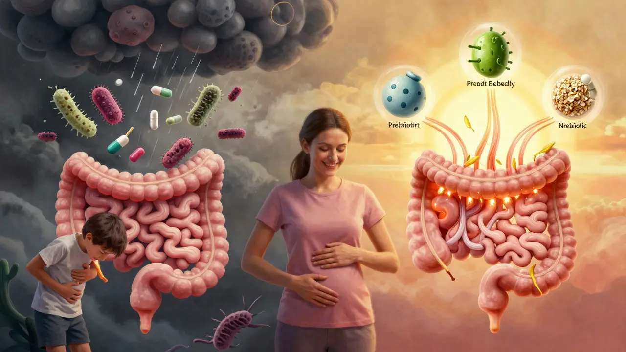 Dvojitý scénář: chaos střev s antibiotiky na jedné straně, živý, světlý ekosystém s probiotiky a prebiotiky na druhé.