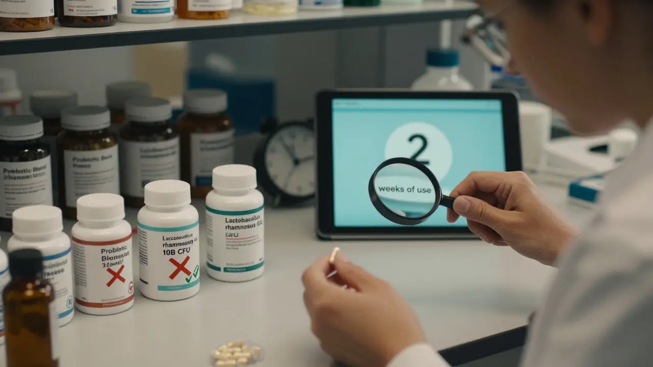 Farmář s lupou porovnává etikety probiotik, jedna kapsle s jasně uvedenou štěpnou GG má zelenou značku.