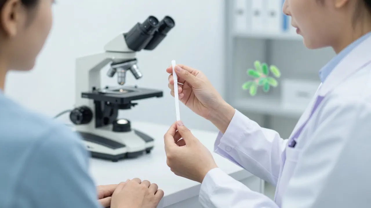 Gynekolog bere vzorek výtoky během vyšetření, pacientka je klidná, v pozadí mikroskop.