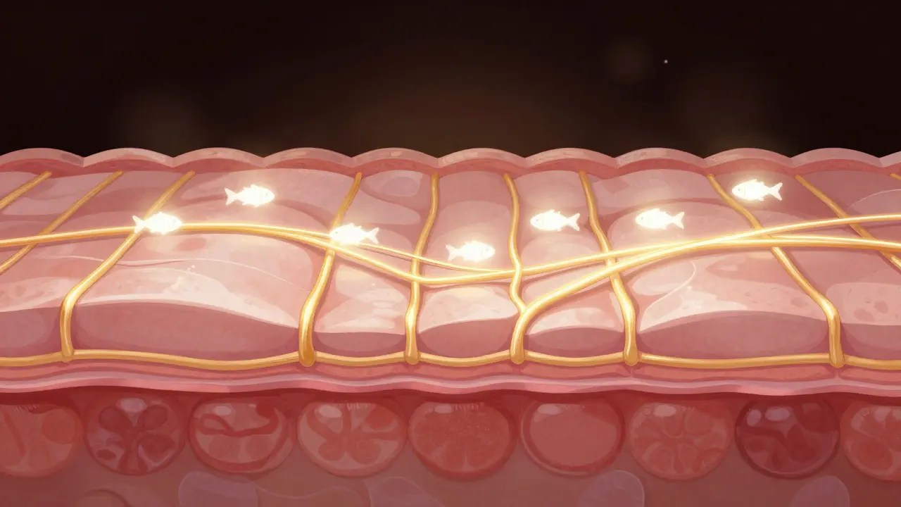 Křížový řez kůže s obnovou kolagenových vláken, kde rybí peptidy vstupují do krevního oběhu.