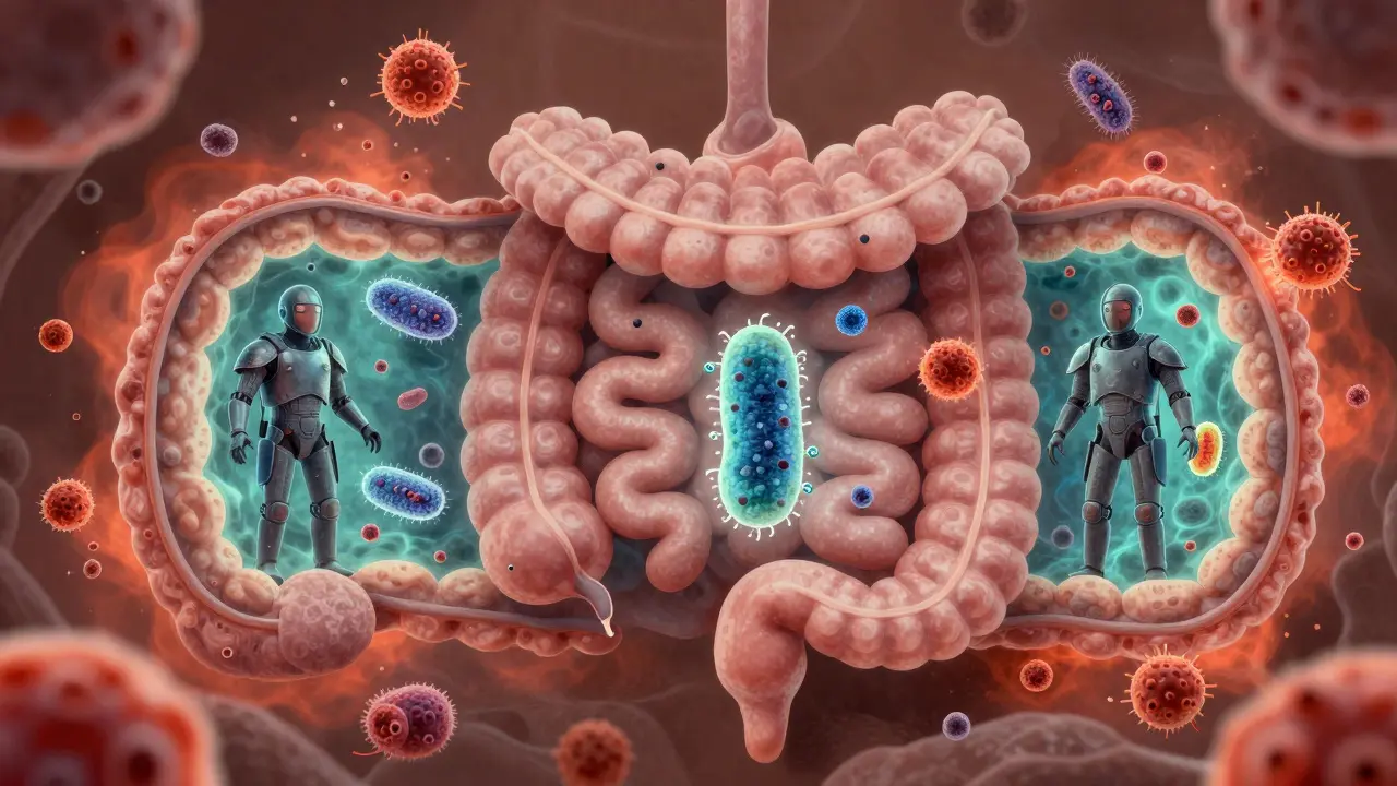 Lidské střevo jako hrad, kde přívětivé bakterie brání útokům škodlivých mikroorganismů.