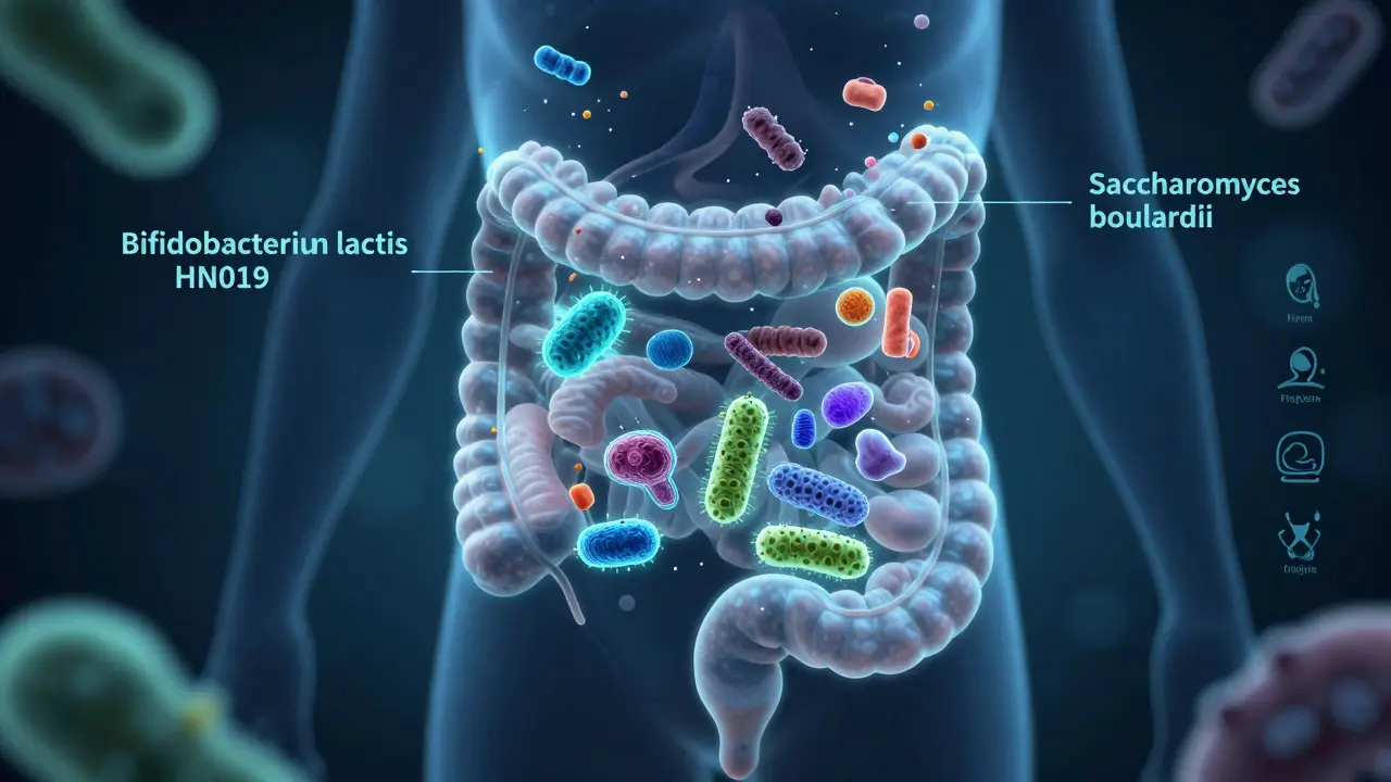 Lidské střevo s živými, zářivými bakteriemi, zatímco slabé bakterie zanikají v žaludeční kyselině.