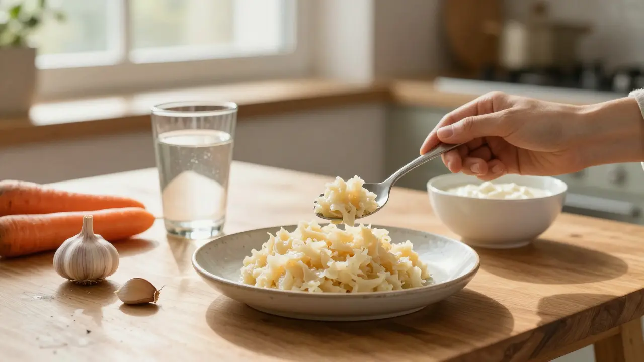 Lžíce kvasené kapusty, česnek a voda na dřevěném stole v ranním světle.