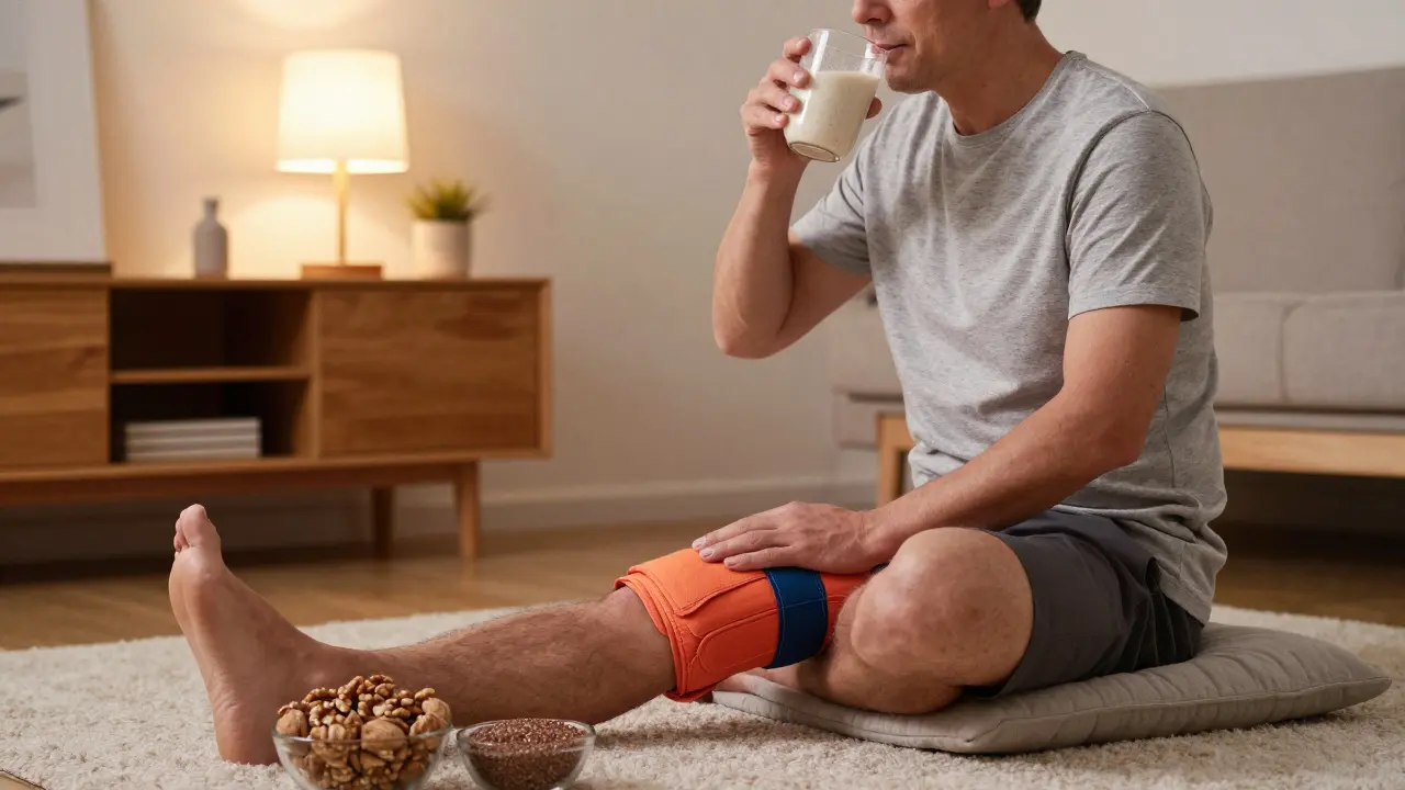 Muž v 50ti pije smoothie s rybím kolagenem, na kolenu má teplý obklad, vedle jsou ořechy a lněná semínka.