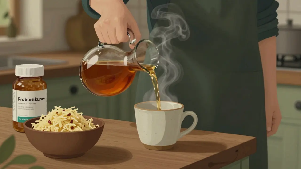 Osoba nalévá kombuchu do šálku v kuchyni s dalšími fermentovanými potravinami na pozadí.