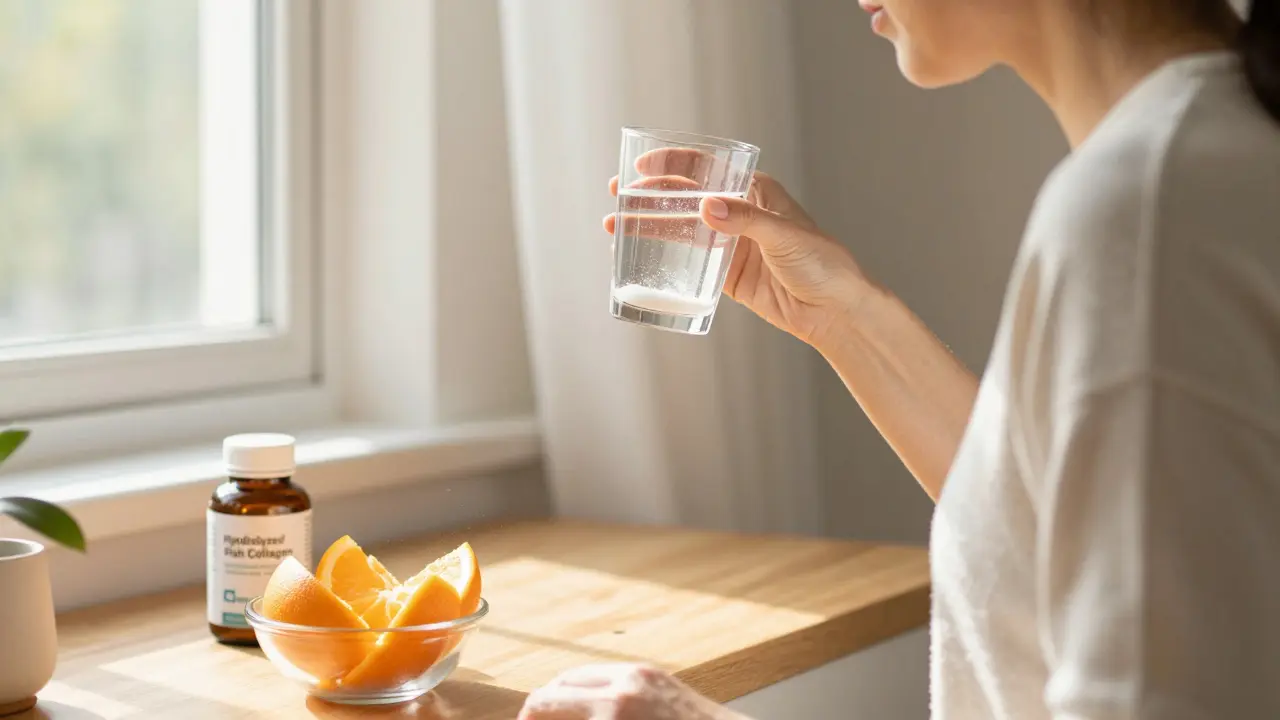 Osoba pije vodu s práškem rybího kolagenu ráno u okna, vedle ní pomeranče a láhev doplňku v čistém interiéru.