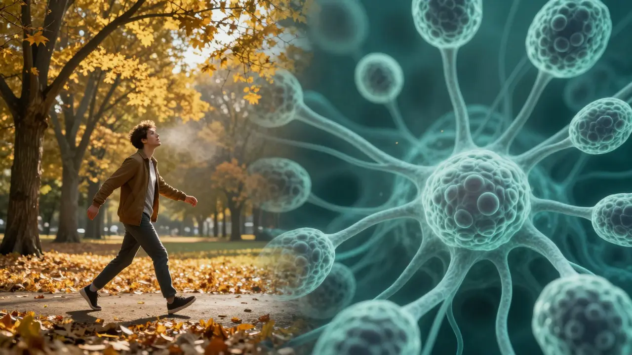 Osoba se prochází v parku a mikroskopický pohled na bílé krvinky v lymfatických cestách.