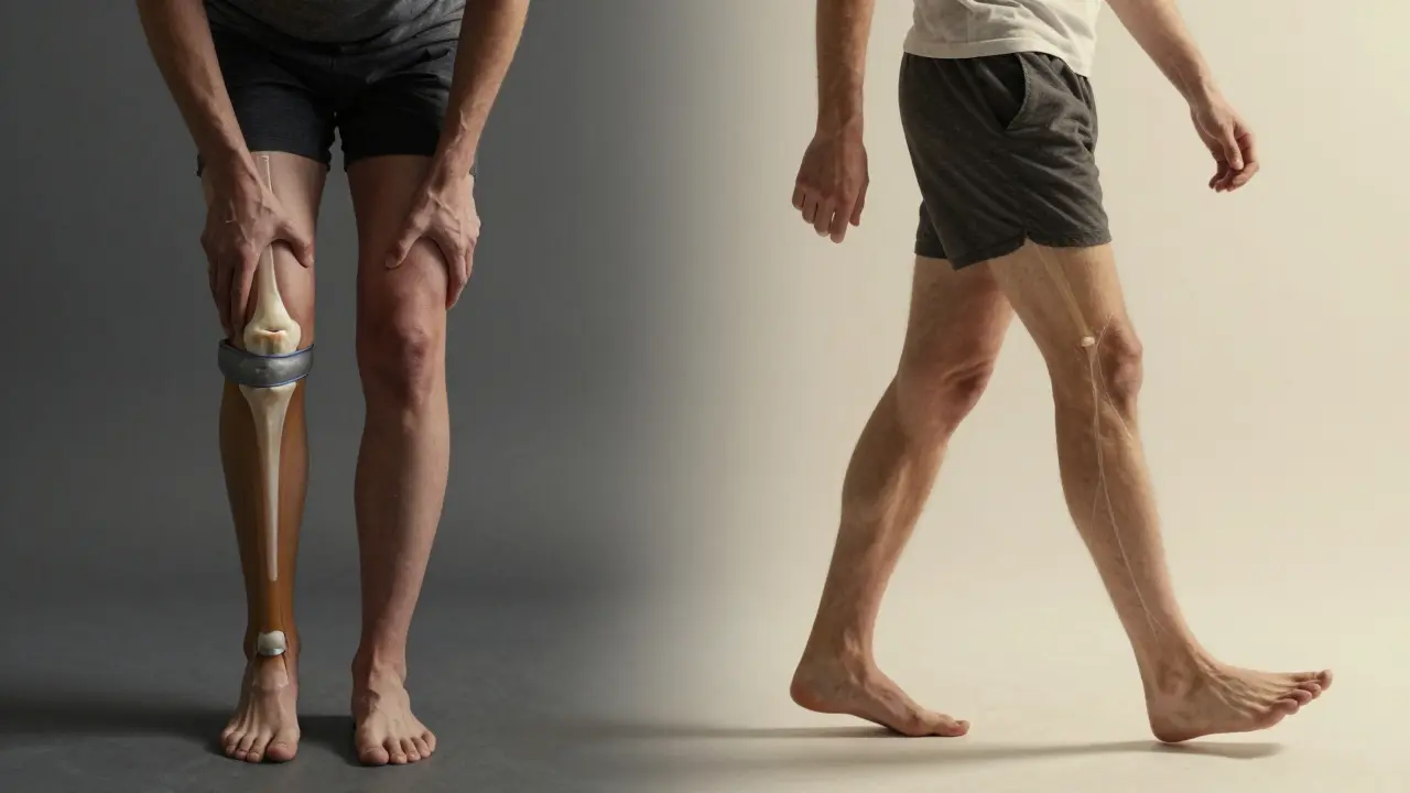 Porovnání dvou stavů kolene: bolestivé a pohyblivé – stejná osoba před a po šesti měsících užívání rybího kolagenu.