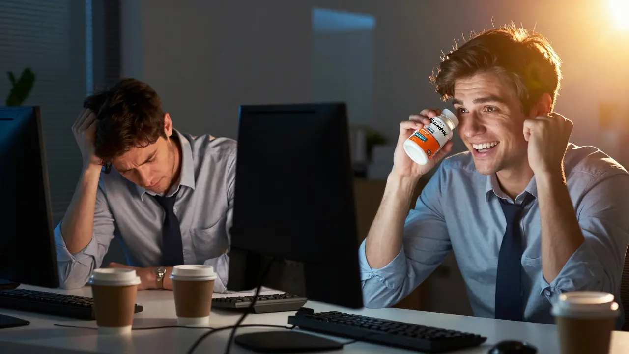 Porovnání unaveného a energického člověka s doplňkem B-komplexu v pozadí.