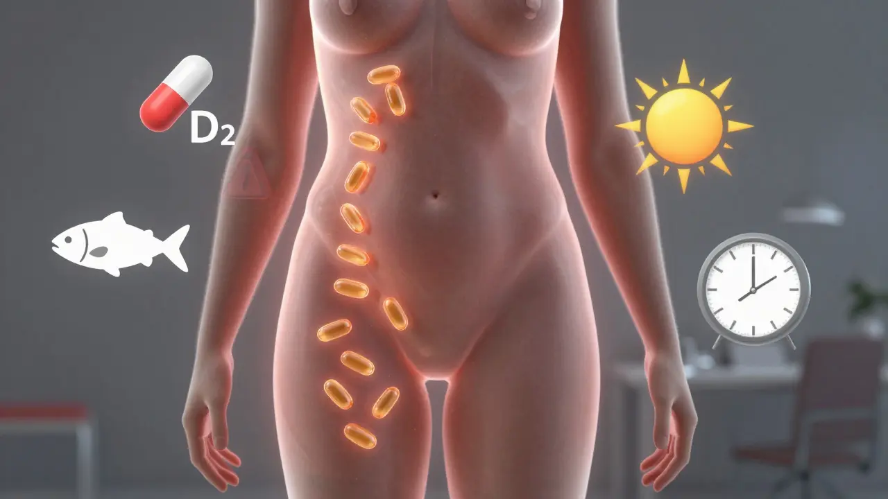 Průhledné tělo s vitamínem D zadrženým v tukové tkáni, zatímco krevní oběh je skoro prázdný, s ikonami multivitamínu, slunce a sedění.