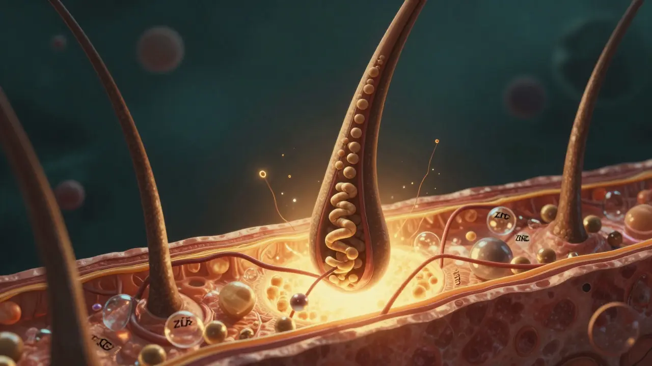 Průřez vlasovým folikulem s kolagenovými peptidy přiváděnými krevními cévami.