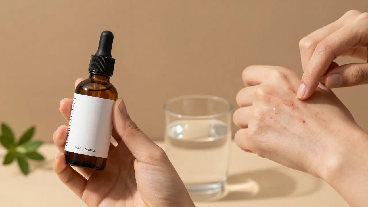 Ruka nanáší jojoba olej na aknéovou pleť, vyhýbá se otevřeným pórům.