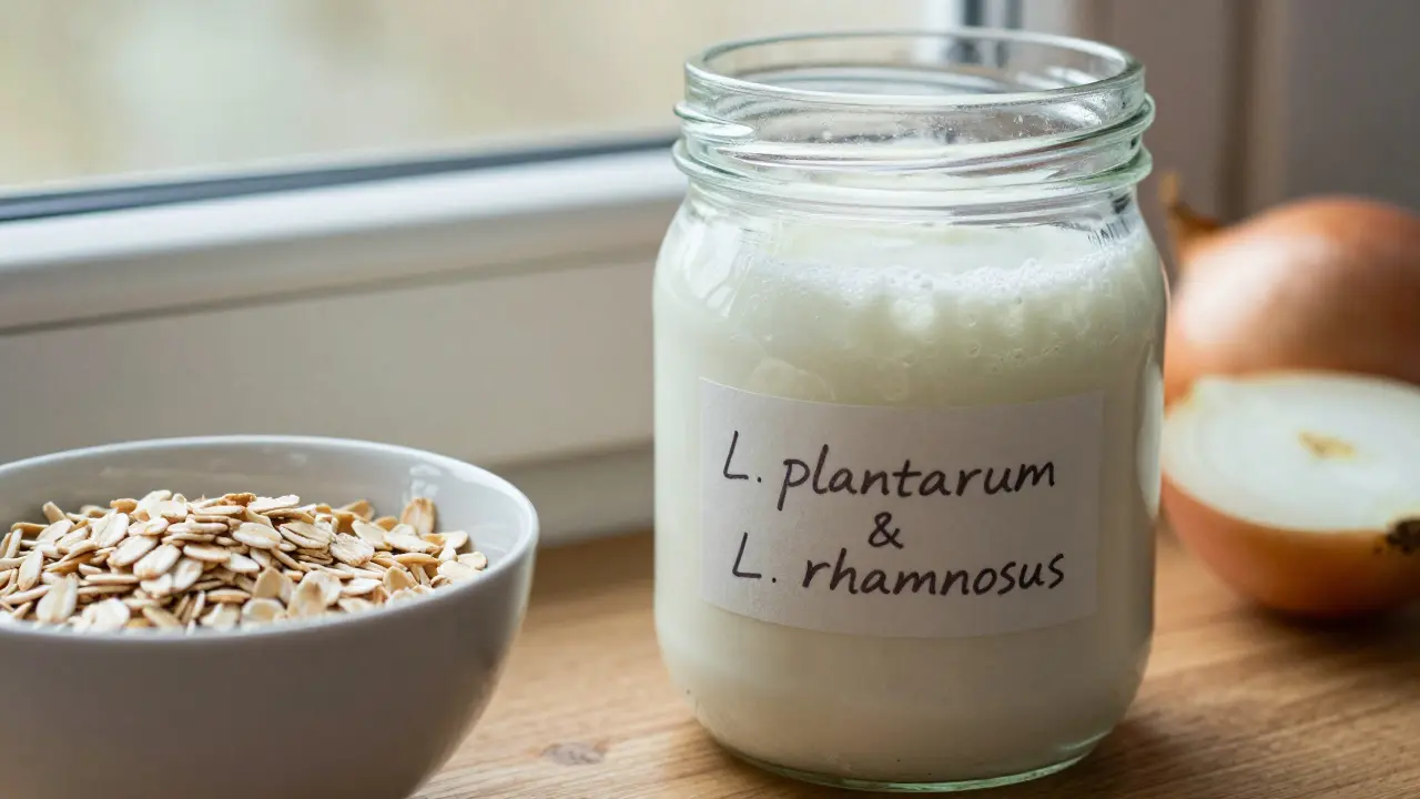 Skleněná nádoba s domácím kefírem a přírodními přísadami na okenním parapetu.