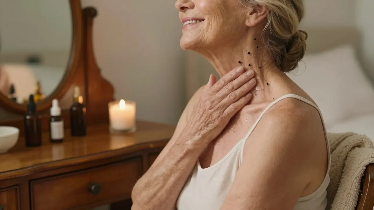 Starší žena aplikuje olej z černého rakytníku na krk s viditelnou zlepšenou pružností kůže.