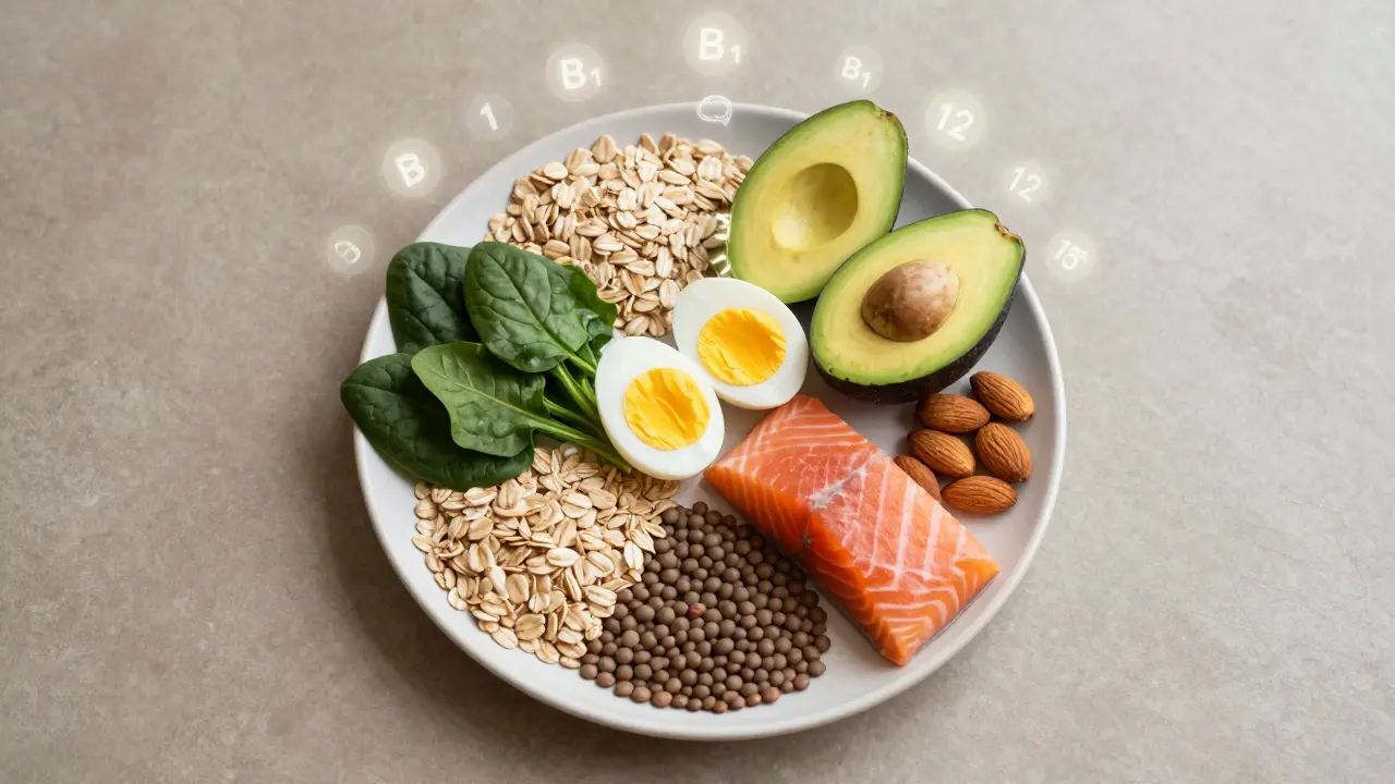 Stravovací talíř s potravinami bohatými na vitamíny B v přirozeném osvětlení.